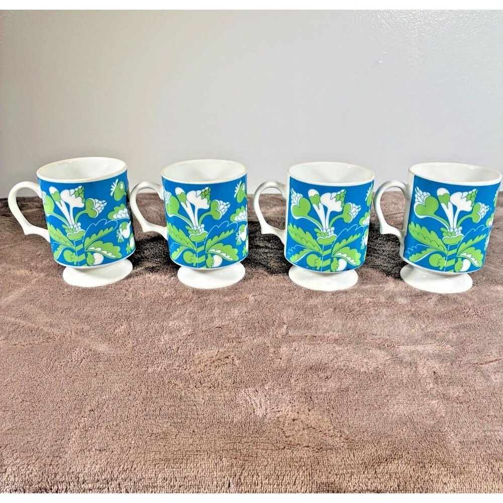 Vintage Set of 4 Pedestal Coffee Mugs Blue Green Floral Milk Glass Cups Retro